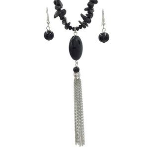 Long Black Stone Chip Tassel Necklace Earrings Set